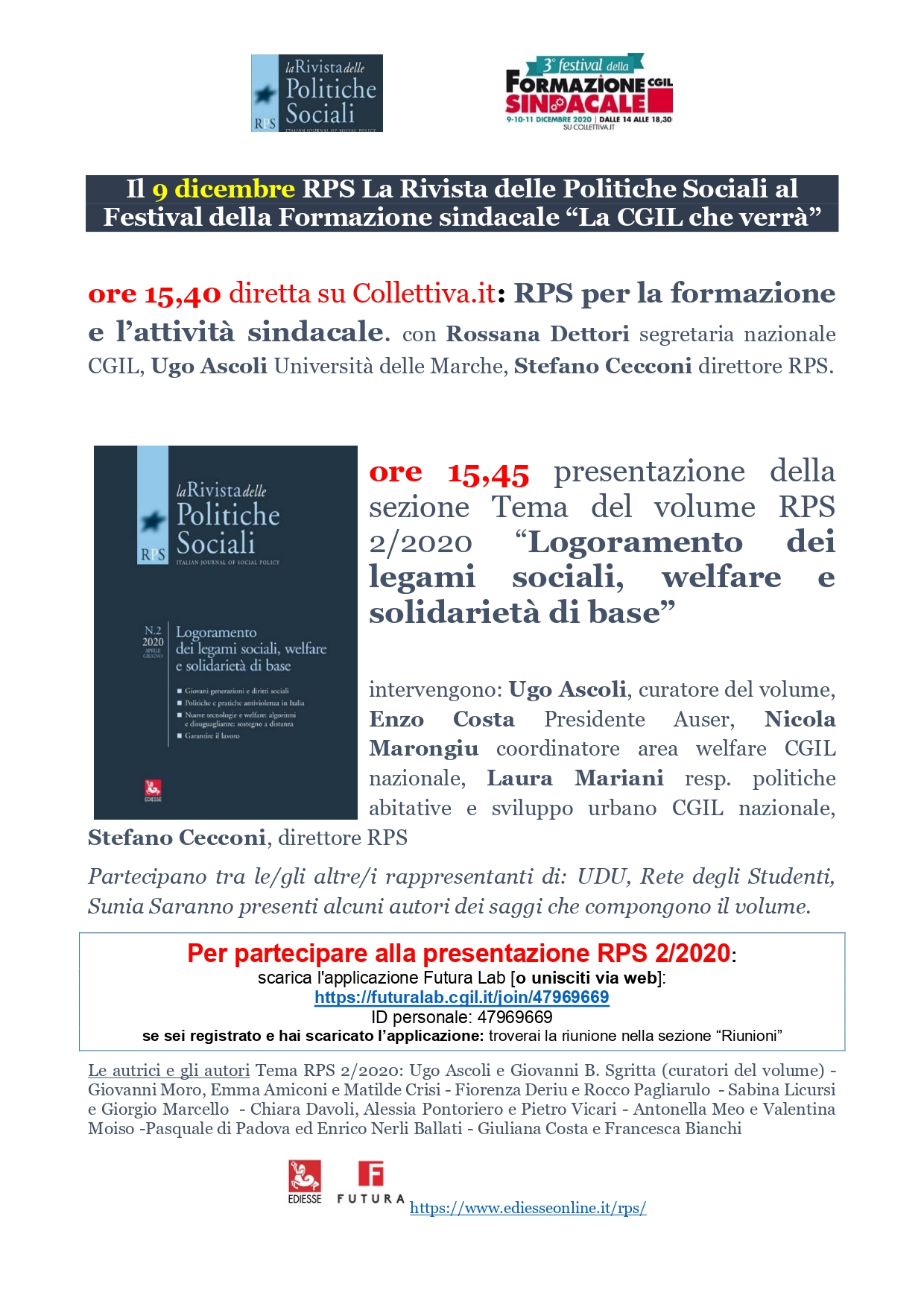 9 dicembre RPS La Rivista delle Politiche Sociali al Festival della Formazione sindacale “La CGIL che verrà”